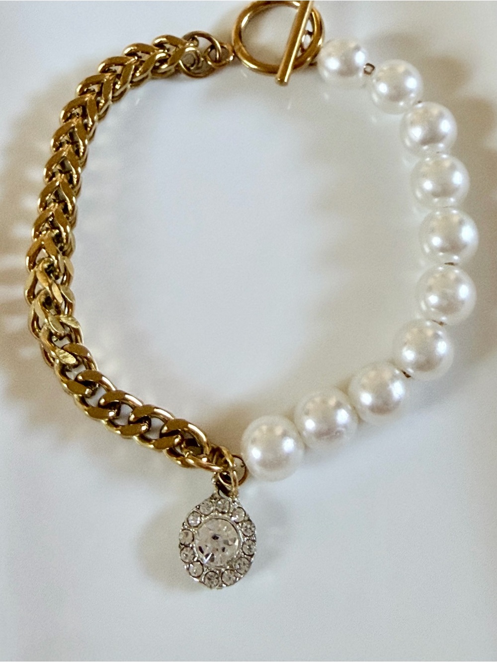 Gold Chain and White Pearl Bracelet with Crystal Charm